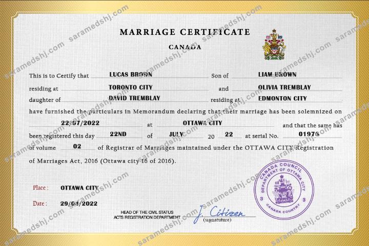Canada marriage certificate PSD template
